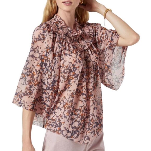 💕JOIE💕 Chelsse Short Sleeve 100% Silk Blouse Top ~ Pale Mauve Print L NWT - Picture 4 of 15